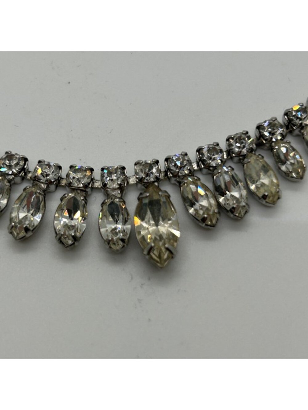 Vintage Silver Tone Clear Rhinestone Choker Necklace Teardrop Navette Marquise A - Picture 6 of 11